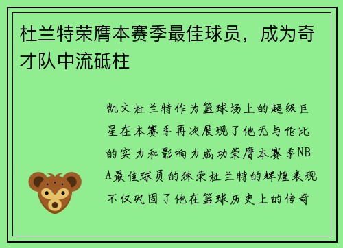杜兰特荣膺本赛季最佳球员，成为奇才队中流砥柱