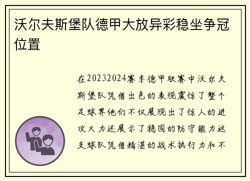 沃尔夫斯堡队德甲大放异彩稳坐争冠位置